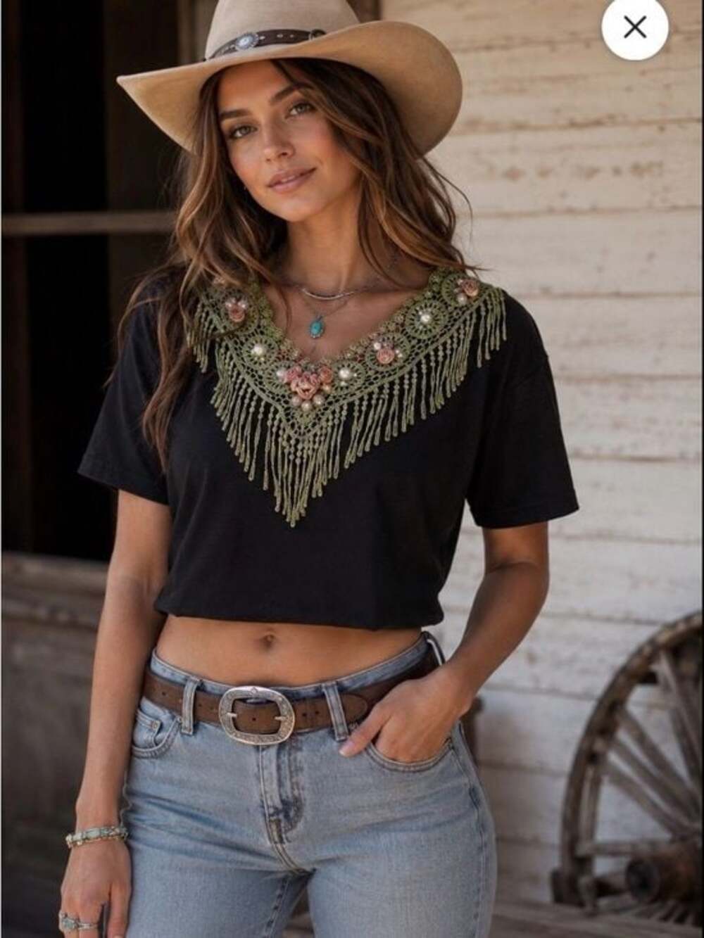 Vintage Cactus Upcycled Cropped V-Neck Tee with Olive Beaded Fringe  - S/M